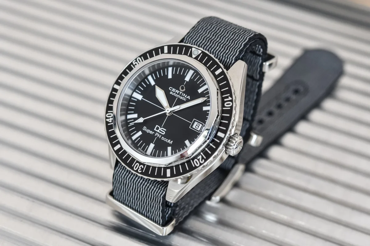 Certina DS PH500 with a black dial and eco-friendly strap.