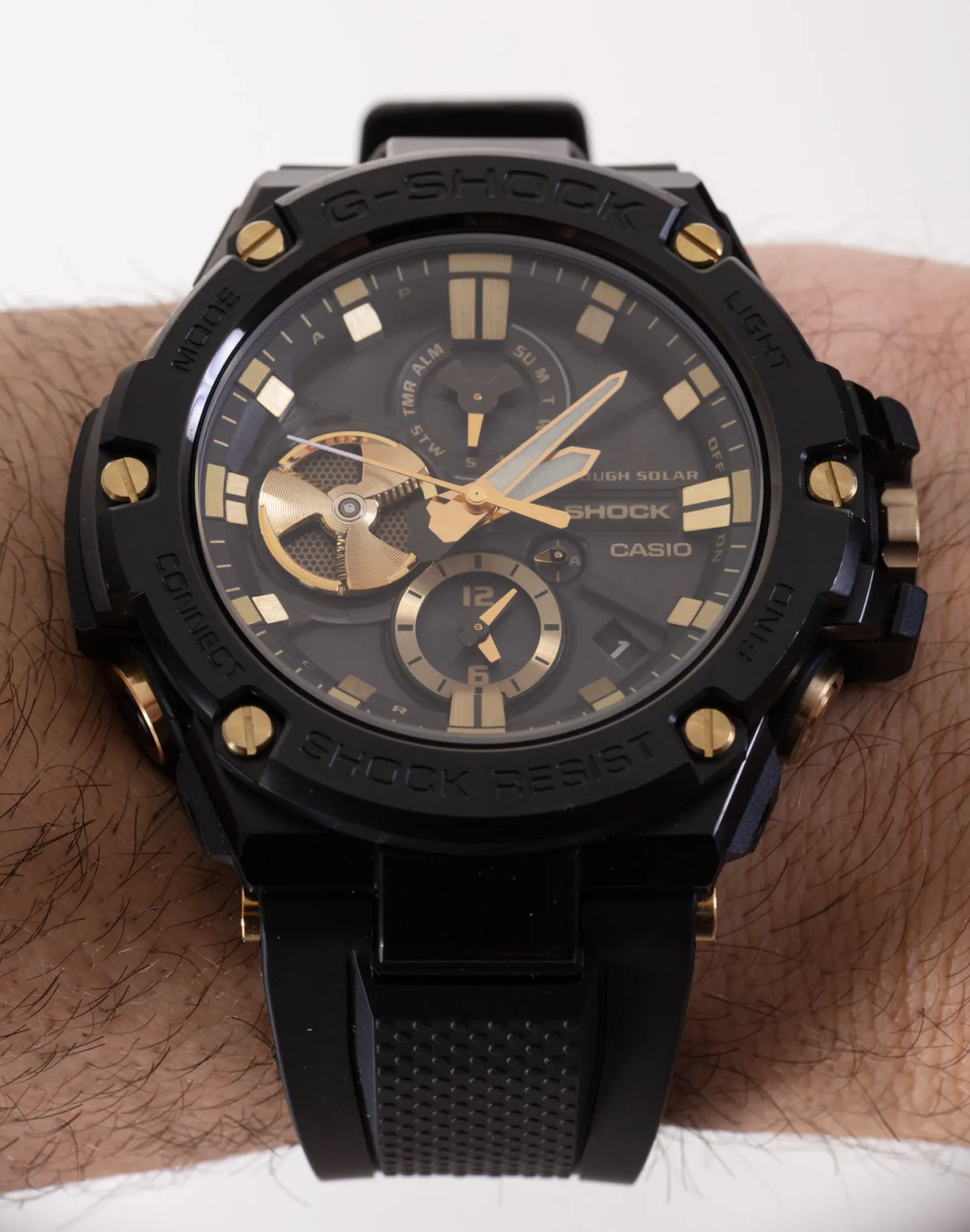 Close-up of Casio G-Shock G-Steel GSTB100GC-1A dial