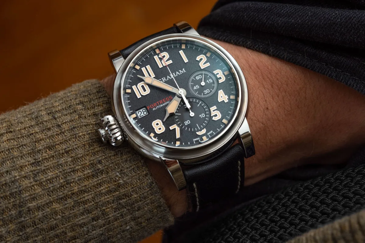 Graham Fortress watch crown and monopusher