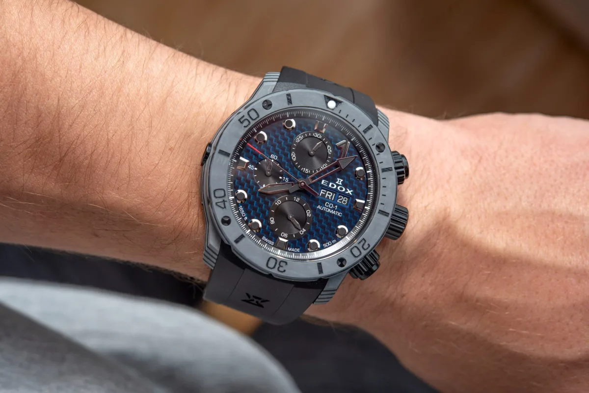 Edox CO-1 Carbon Chronograph lume view