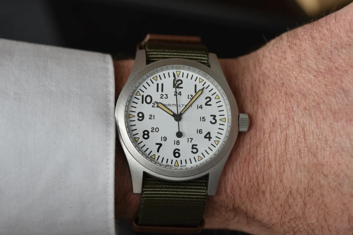Close-up of Hamilton Khaki Field Mechanical white dial