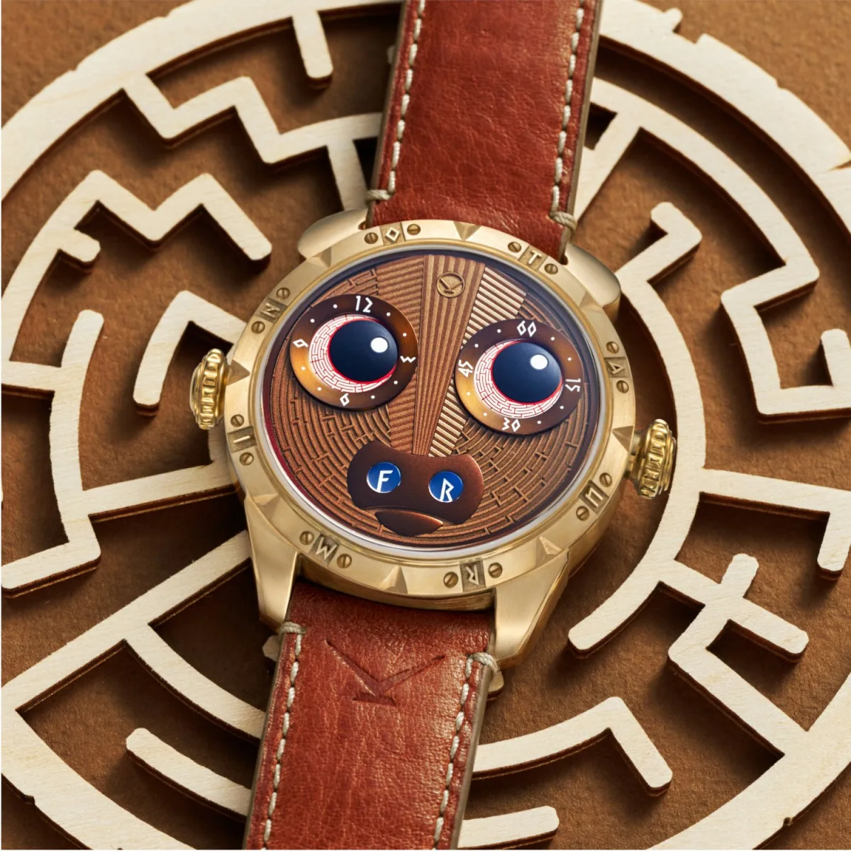 Close-up of the Minotaur watch dial with eye details