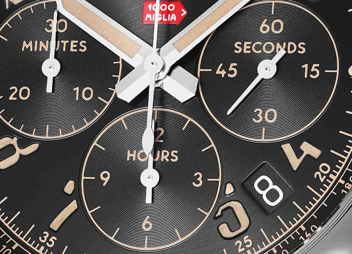 Close-up of Chopard Mille Miglia Classic Chronograph Raticosa white dial