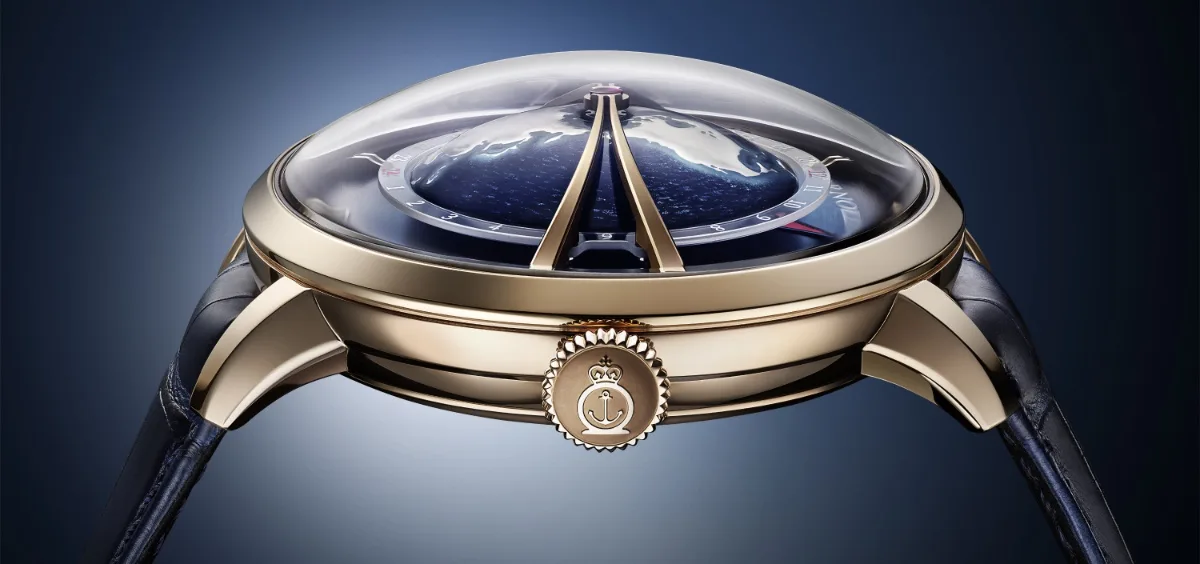 Close-up of the red gold case and sapphire crystal