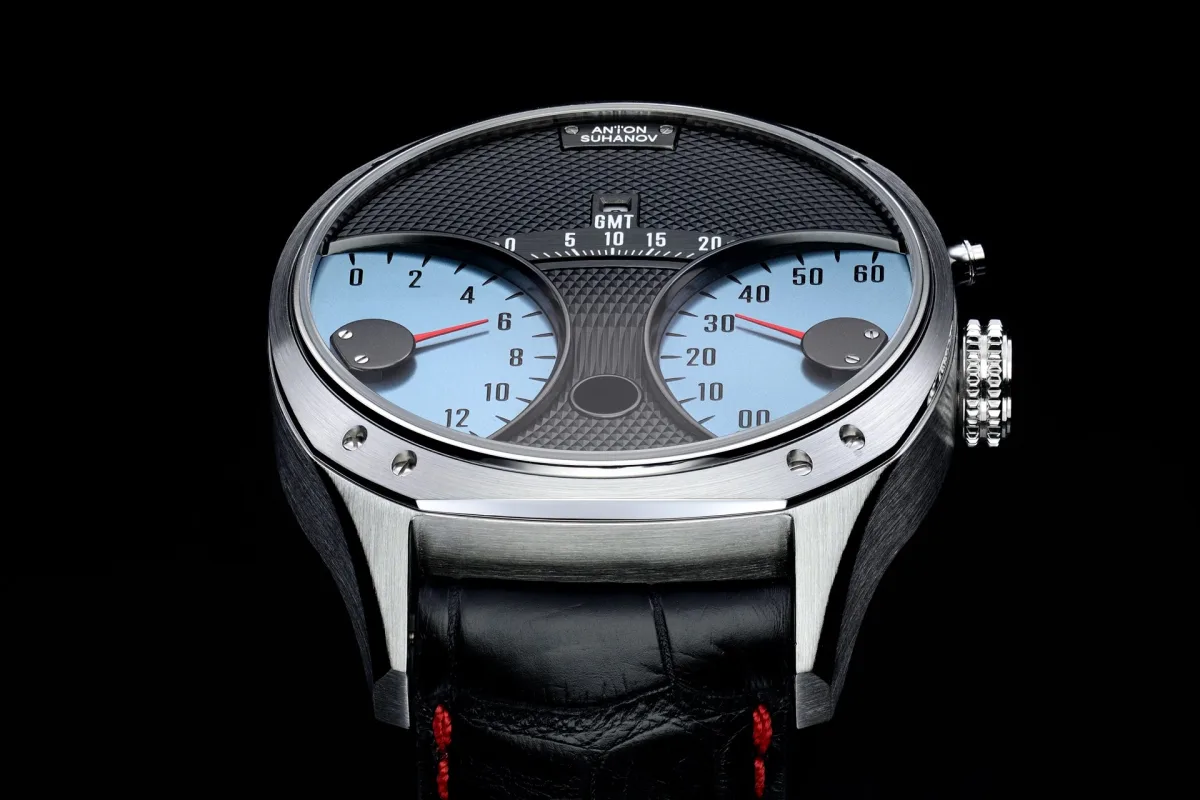 Anton Suhanov Racer Jumping Hour GMT watch face close-up
