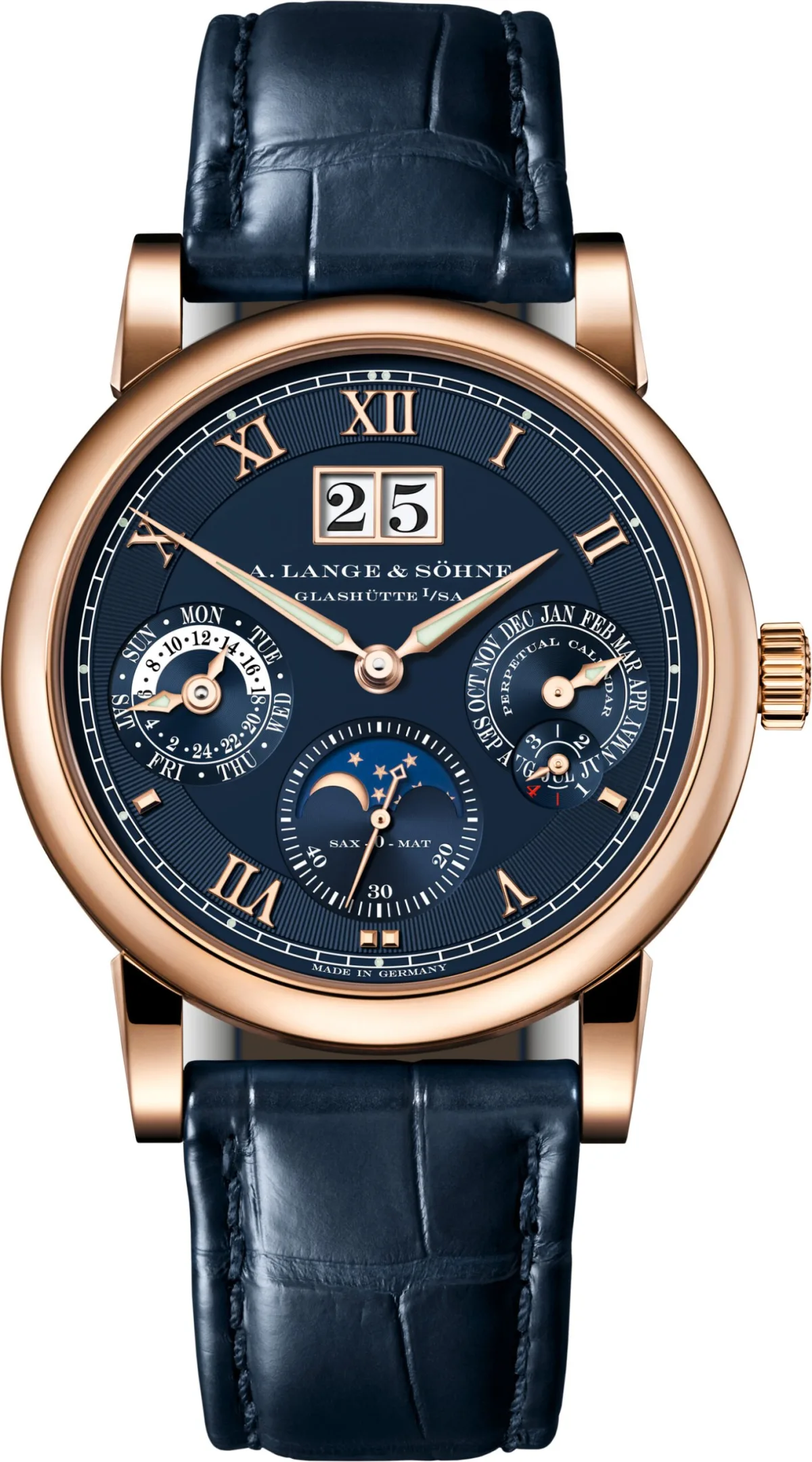 Close-up of Langematik Perpetual dial with blue face