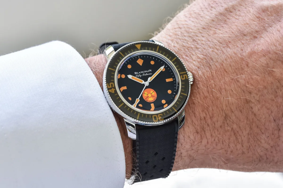 Side view of Blancpain Tribute to Fifty Fathoms No Rad strap