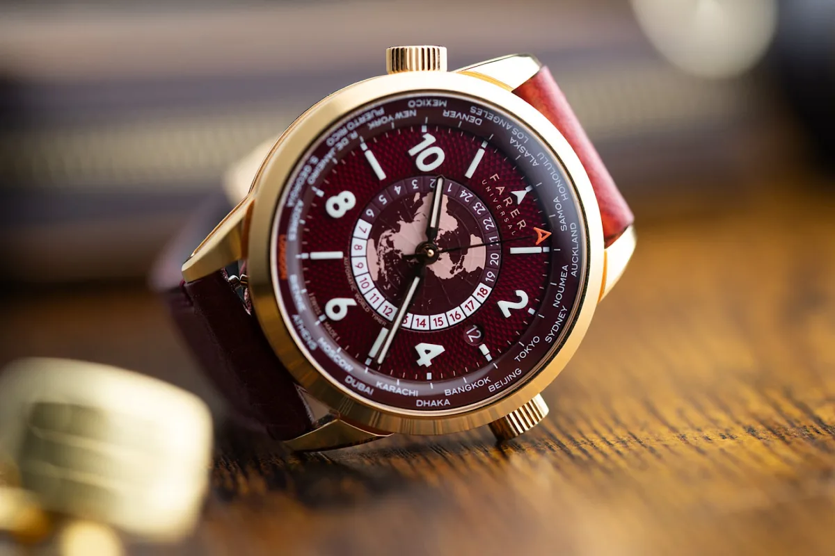 Farer World Timer Thorne Gold watch with burgundy dial