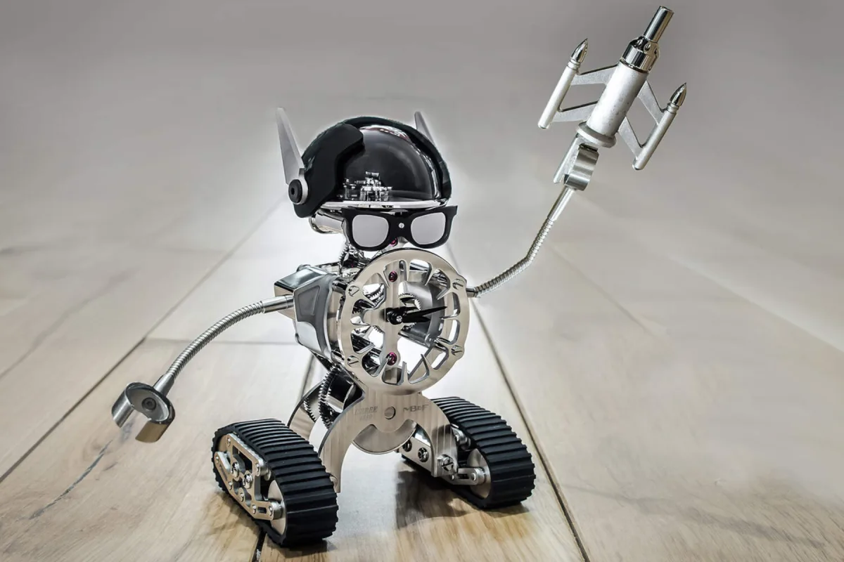 MB&F Sherman desk clock with open balance wheel