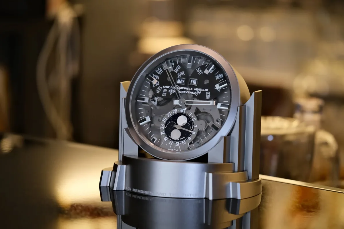 Close-up of MB&F Sherman desk clock