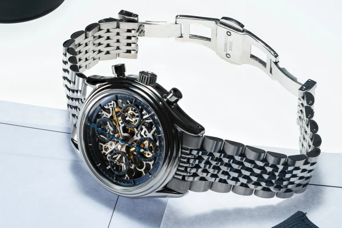Close-up of Valjoux 7750 movement in Scheletrato Opaco
