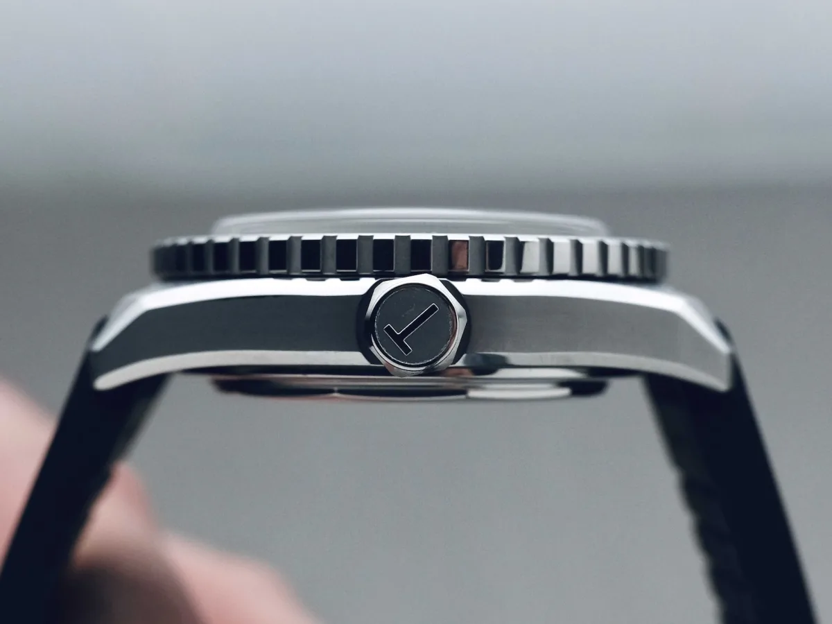 Detailed view of the watch's titanium case