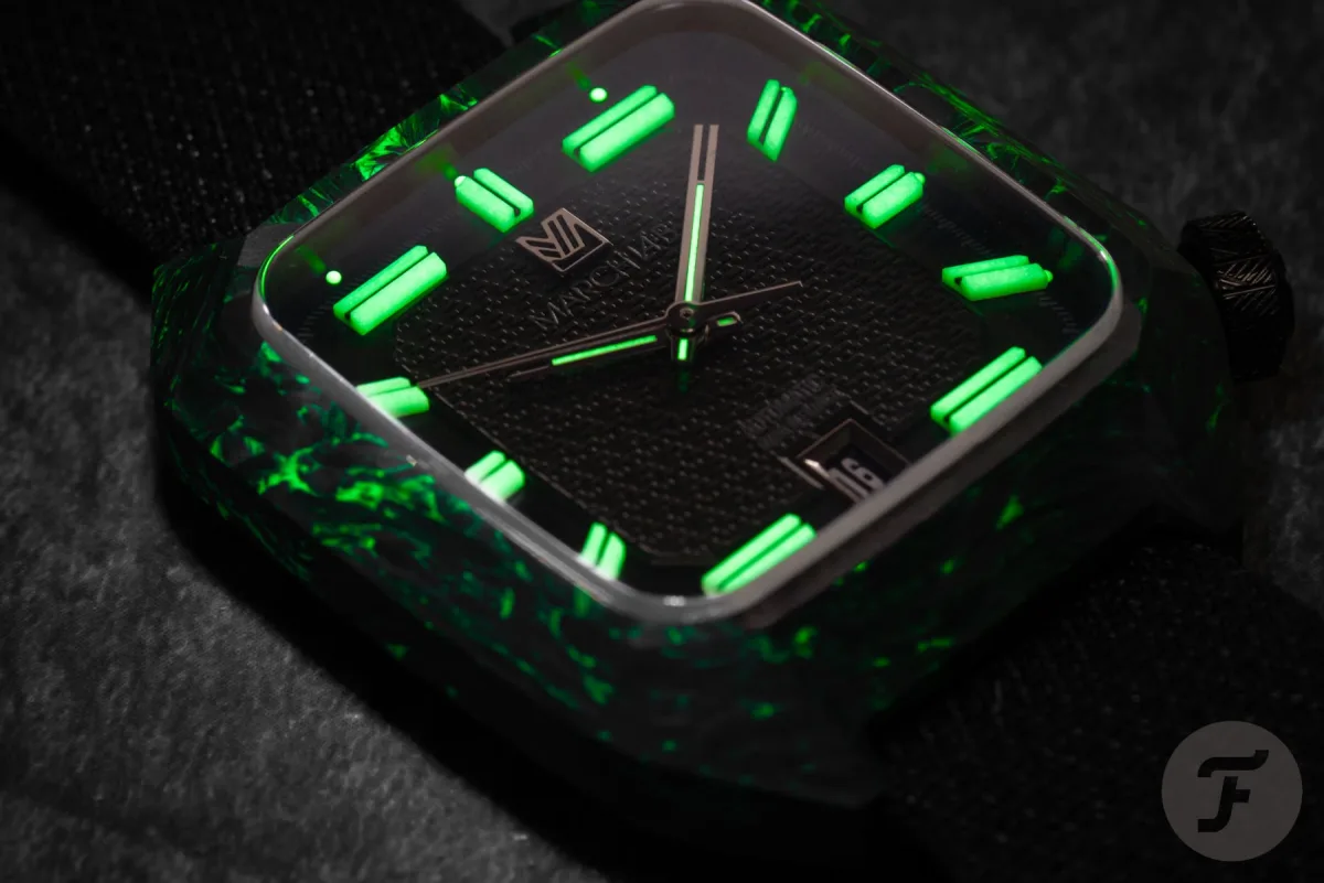 March LA.B AM2 Nyctalope Carbon watch glowing under UV light