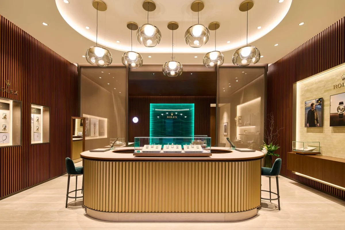 A showcase of Rolex watches at a dealer.