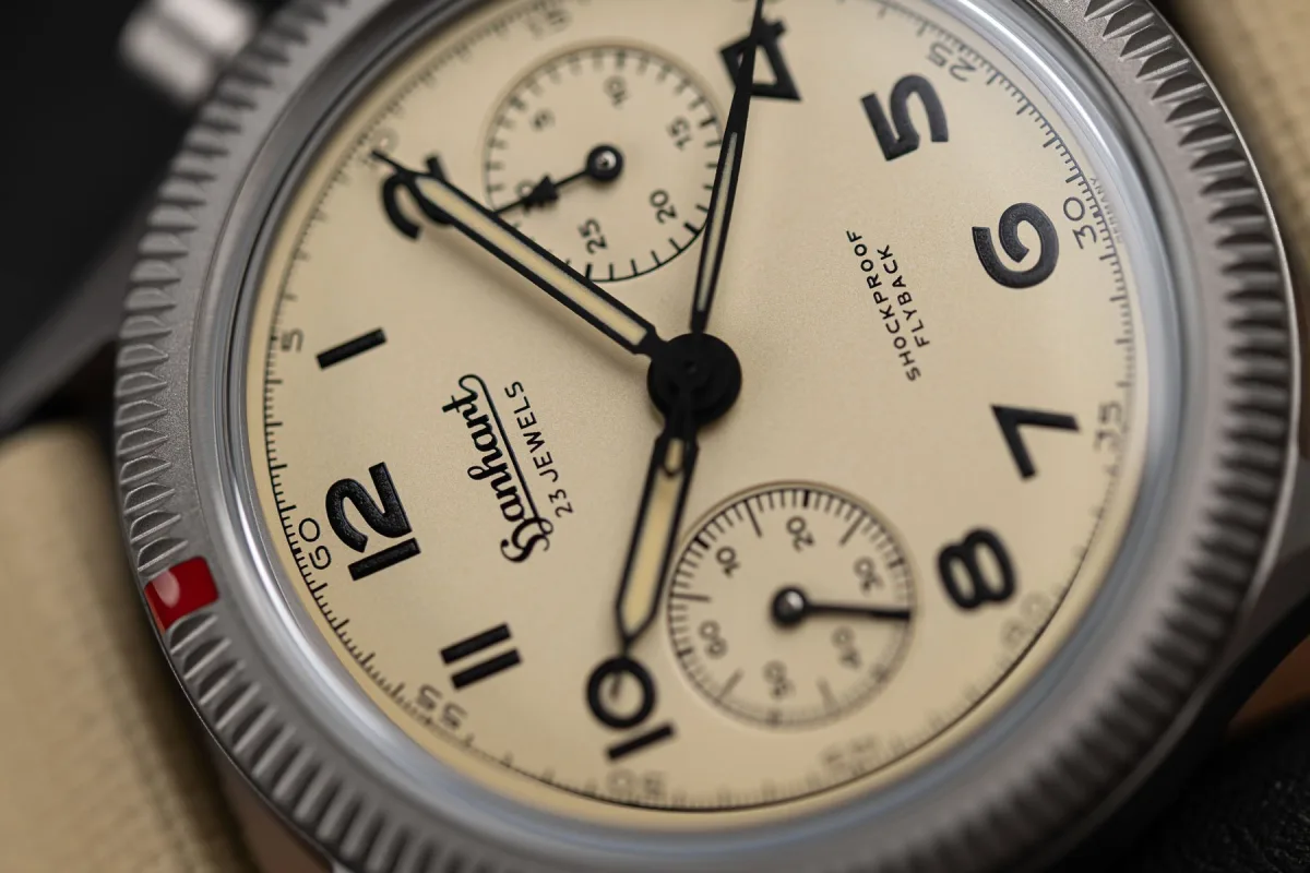 Close-up of the titanium case of the Hanhart 417 Ti Desert Pilot