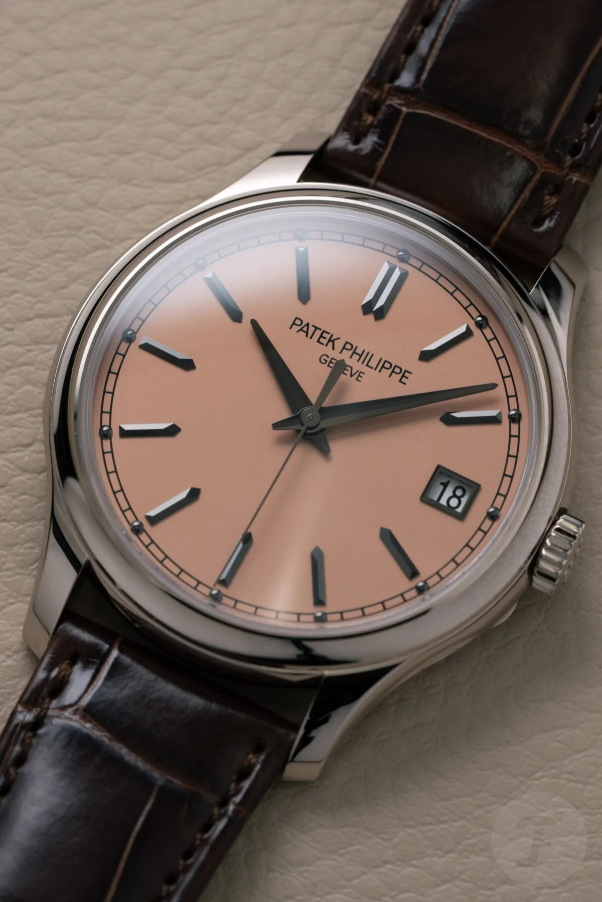 Close-up of Patek Philippe Calatrava 5227G-015 indices.