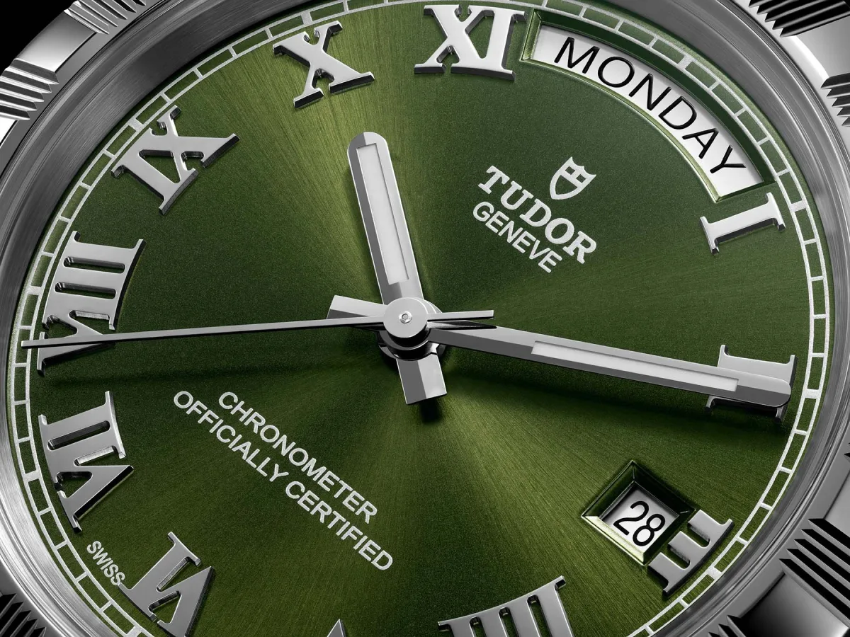 Close-up of Tudor Royal watch with screw-down crown