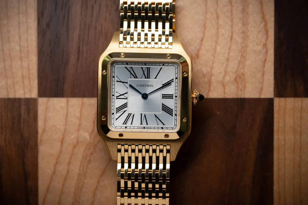 Close-up of the unique obsidian dial on the Cartier Santos-Dumont