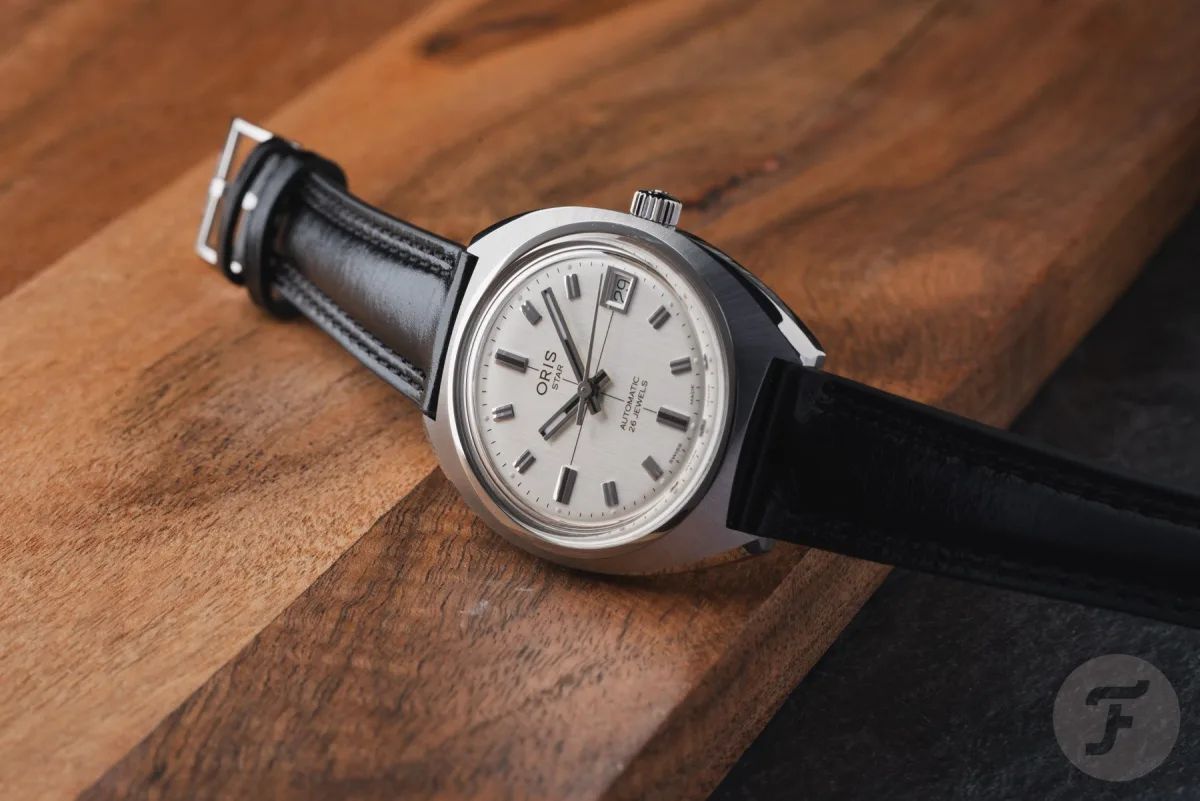 Oris Star's stainless steel case with sunburst finish.