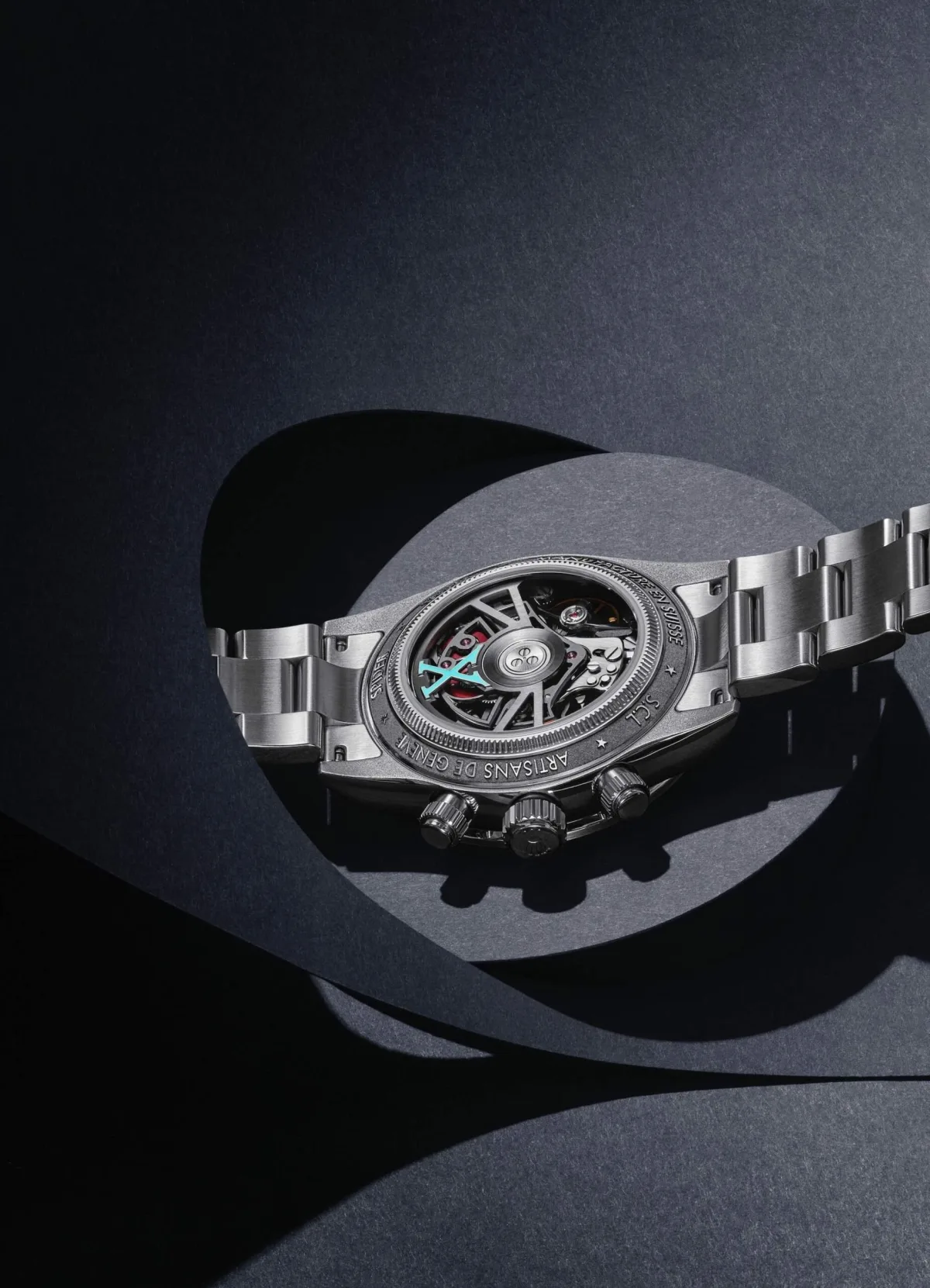 Skeletonized movement of the customized Rolex Daytona