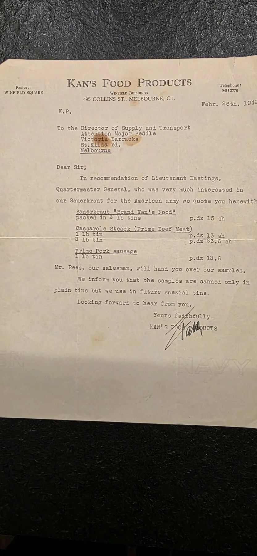Kurt Kahn's letter to the American Army food department.