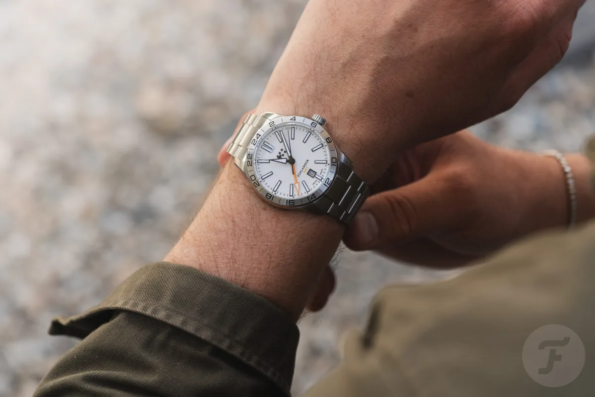 Wrist shot of 42 mm Christopher Ward C63 Sealander GMT.